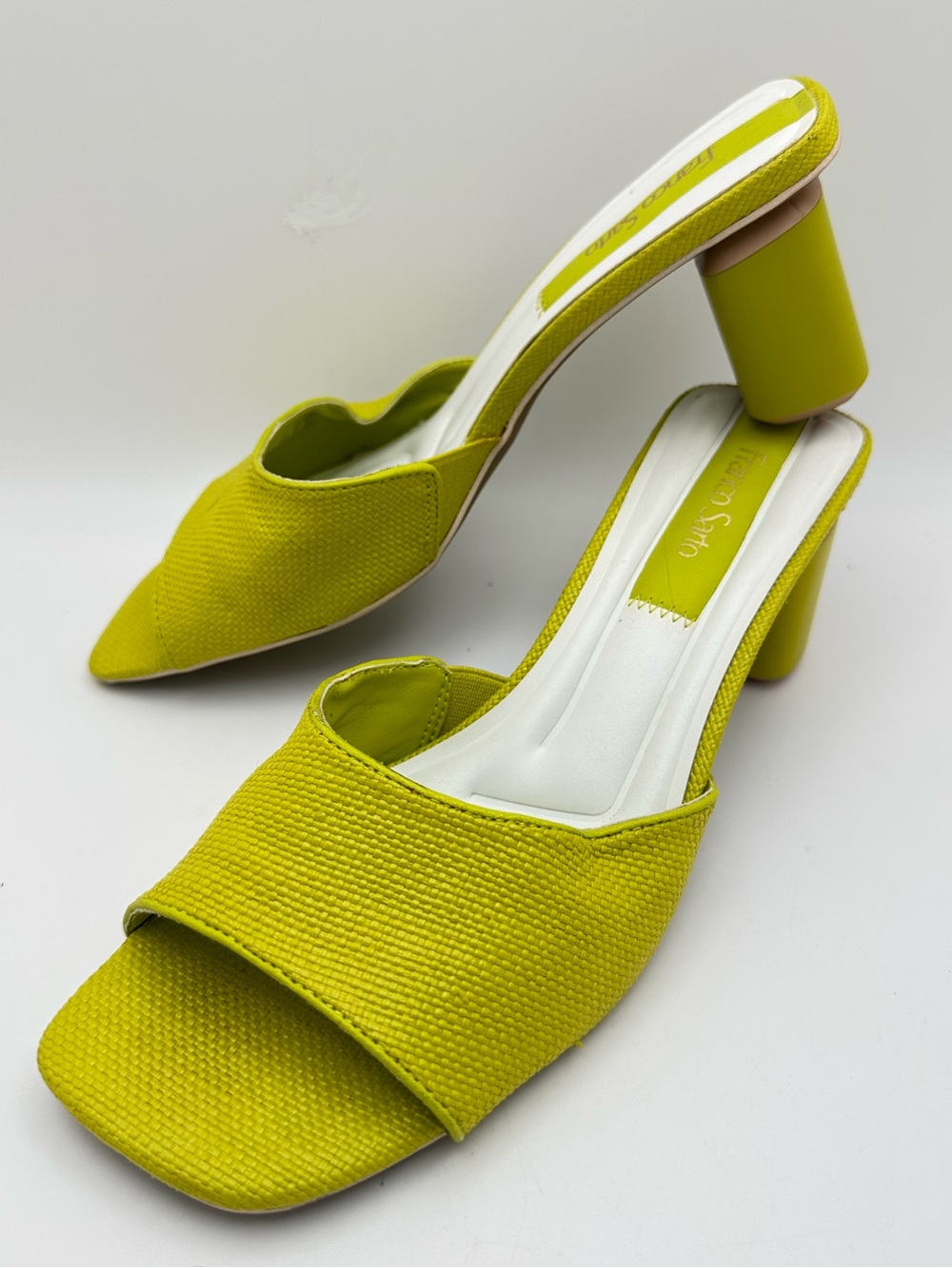Franco Sarto Linley Open-Toe Lime Green Block Slides Fancy Heel Mules Sz 8M